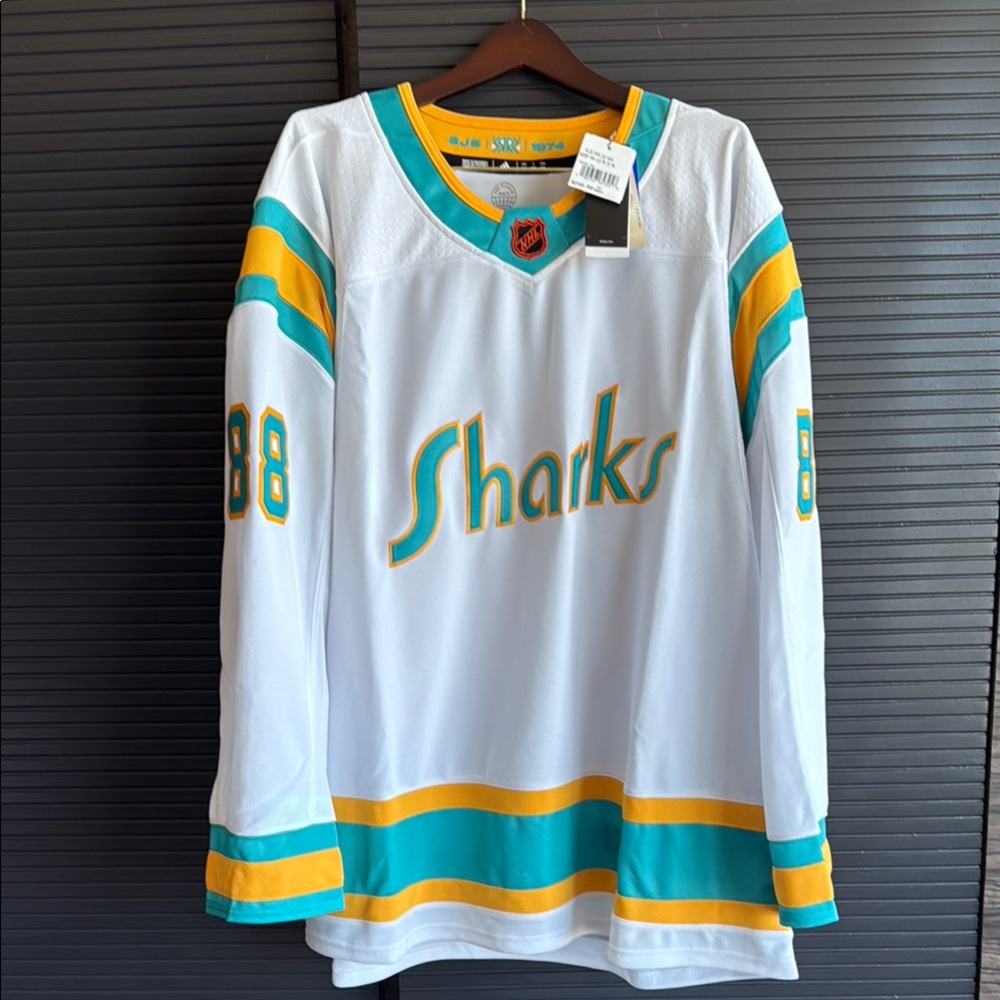 NHL- San Jose Sharks Reverse Retro White Teal and Yellow Hockey Jersey - Size 60